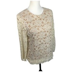 Coldwater Creek Women's Medium Ivory Crochet‎ Lace Knit Long Sleeve Top Blouse M